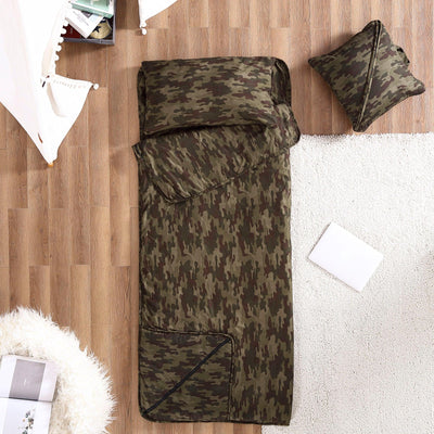 Brielle Home Foldable Green Camo Printed Sleeping Bag with Attached Pillow - LinensNow