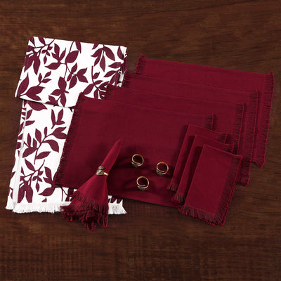 Brielle Home Merlot Leaves 100% Cotton 13-Piece Dining Bundle: Table Runner, Placemats, Napkins & Napkin Rings