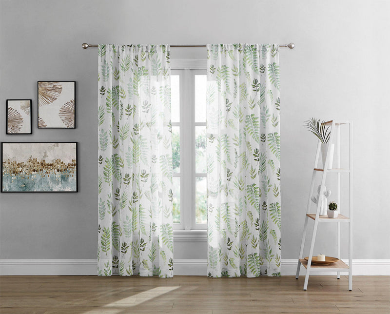 Brielle Home Rowan Printed Leaf Rod Pocket Sheer Curtain Panel - LinensNow